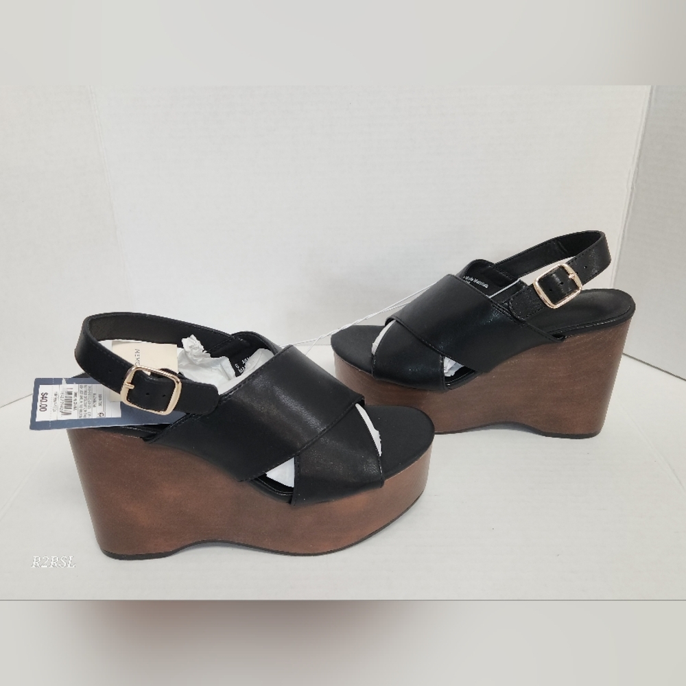 Universal Thread Naomi Faux Wood Black Platform Sandels Womens 6  NWT Boho